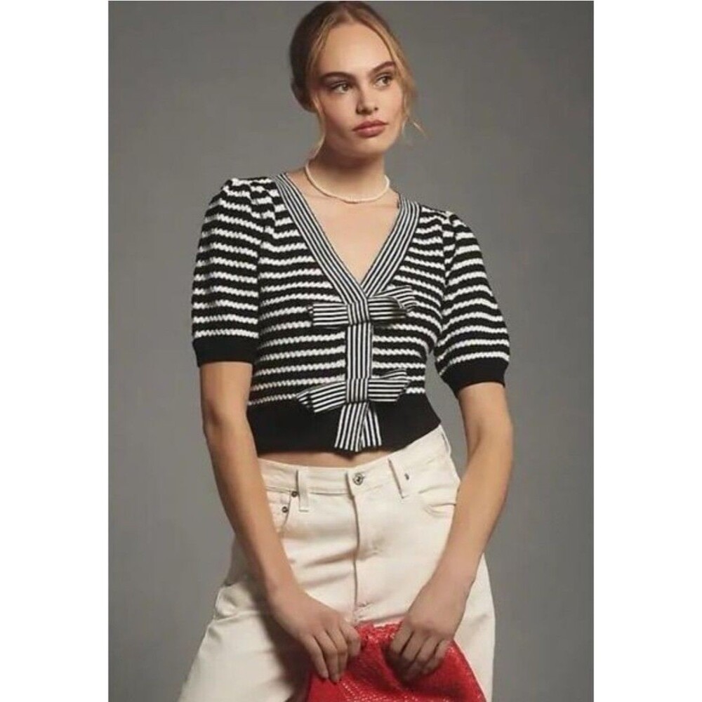 BiBi Womens Short Sleeve Striped Bow Cardigan Sweater Sz M Coquette Chic Preppy